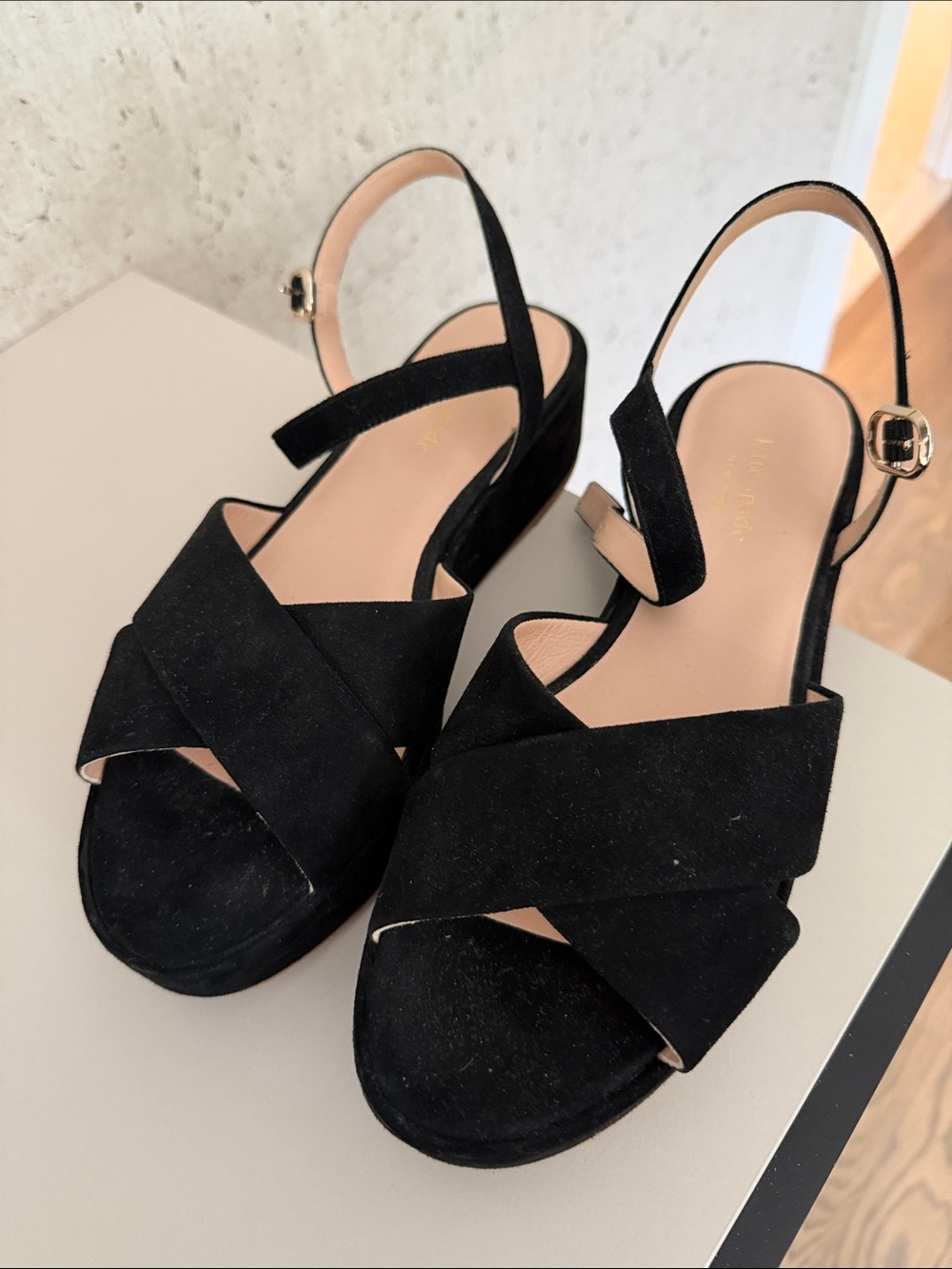 kate spade Black Crisscross Suede Slingback Sandals